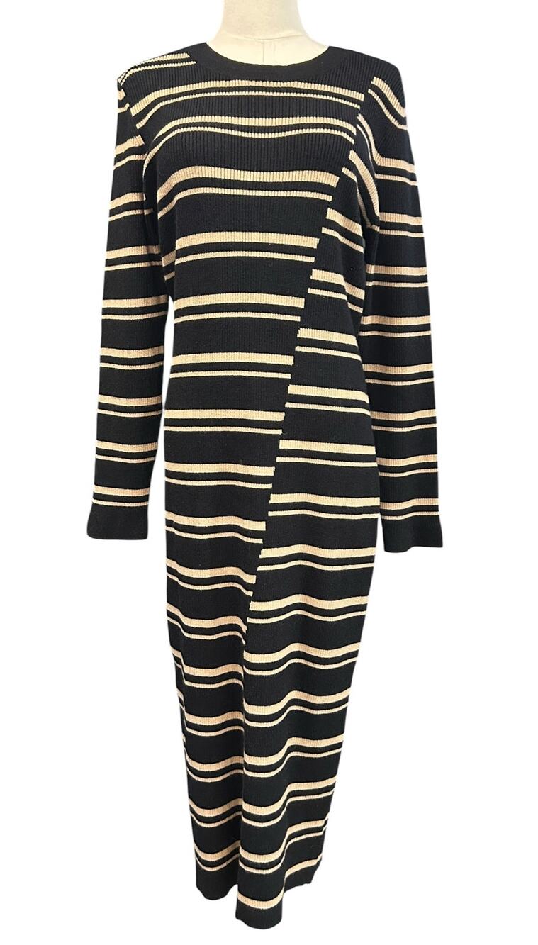 Arna York Marly Stripe Sweater Dress NWT Black Tan Ribbed Midi Maxi NWT Size 18